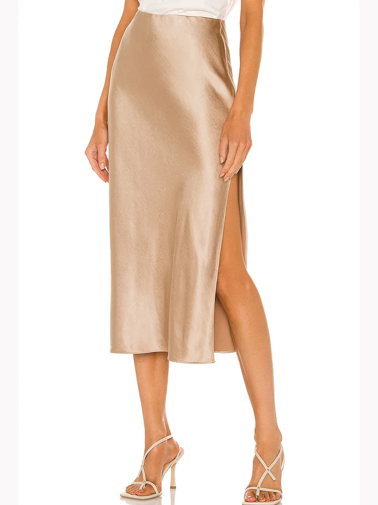 Women Green Midi Skirts A Line With Slit Office High Waist Women's Satin Skirts Elastic Waist Solid Silk Slit Skirts For Women