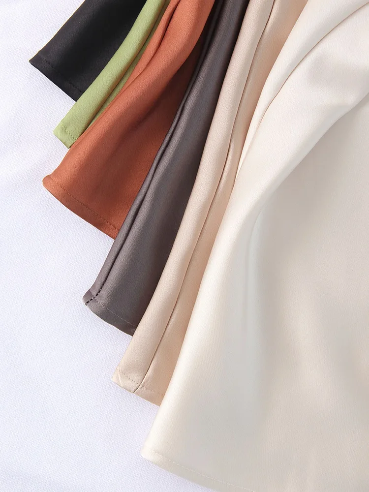 Women Green Midi Skirts A Line With Slit Office High Waist Women's Satin Skirts Elastic Waist Solid Silk Slit Skirts For Women