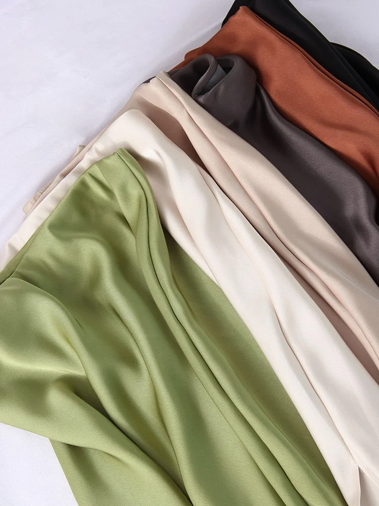 Women Green Midi Skirts A Line With Slit Office High Waist Women's Satin Skirts Elastic Waist Solid Silk Slit Skirts For Women