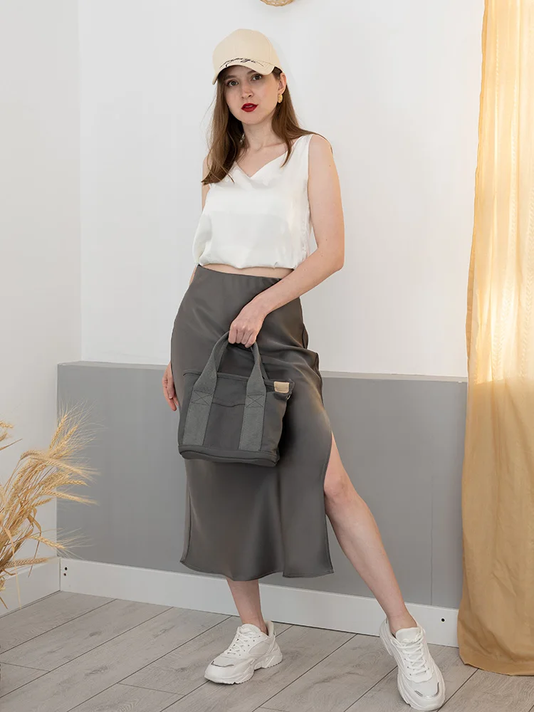 Women Green Midi Skirts A Line With Slit Office High Waist Women's Satin Skirts Elastic Waist Solid Silk Slit Skirts For Women