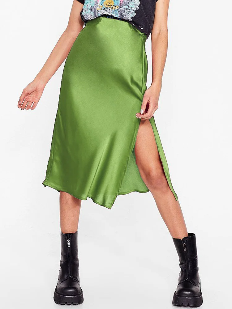 Women Green Midi Skirts A Line With Slit Office High Waist Women's Satin Skirts Elastic Waist Solid Silk Slit Skirts For Women