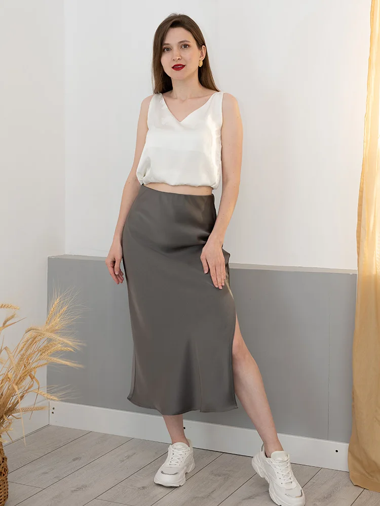 Women Green Midi Skirts A Line With Slit Office High Waist Women's Satin Skirts Elastic Waist Solid Silk Slit Skirts For Women