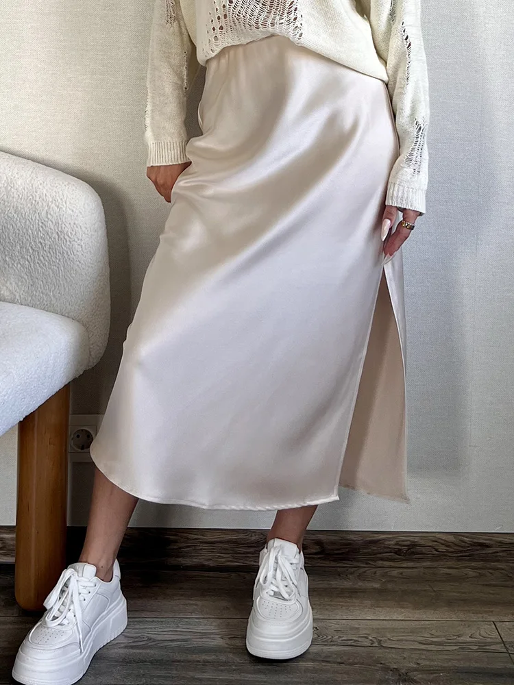 Women Green Midi Skirts A Line With Slit Office High Waist Women's Satin Skirts Elastic Waist Solid Silk Slit Skirts For Women