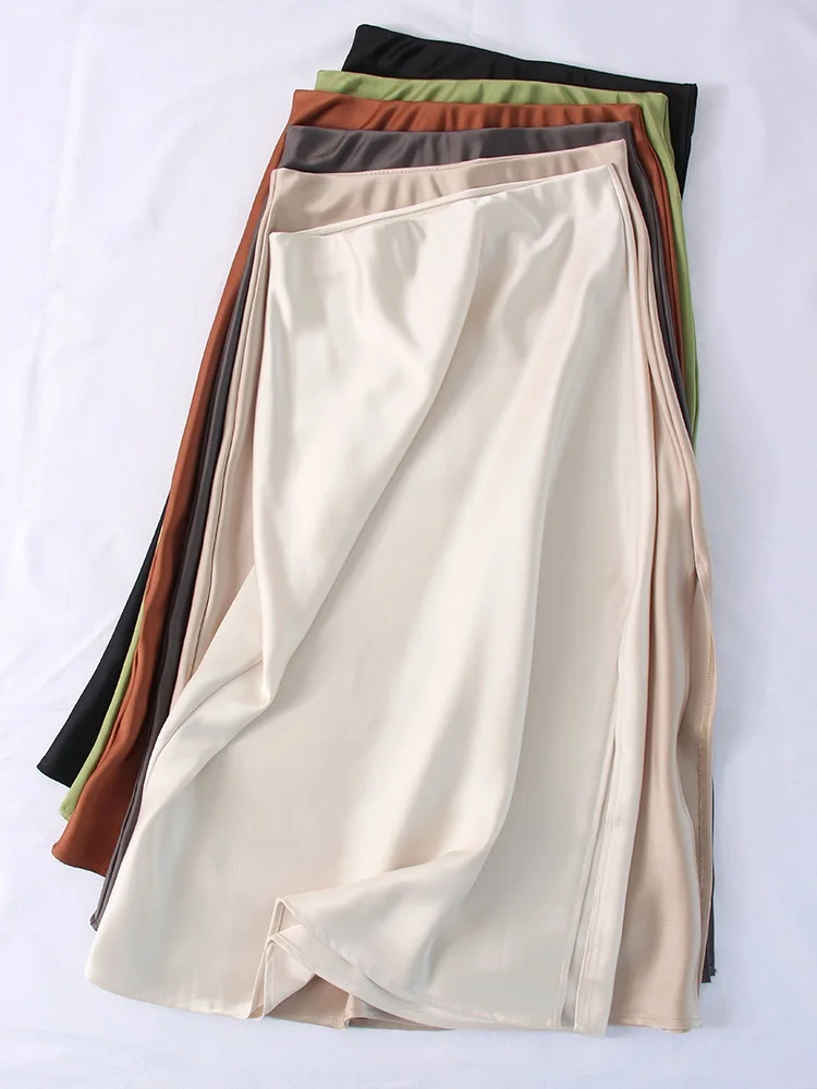 Women Green Midi Skirts A Line With Slit Office High Waist Women's Satin Skirts Elastic Waist Solid Silk Slit Skirts For Women