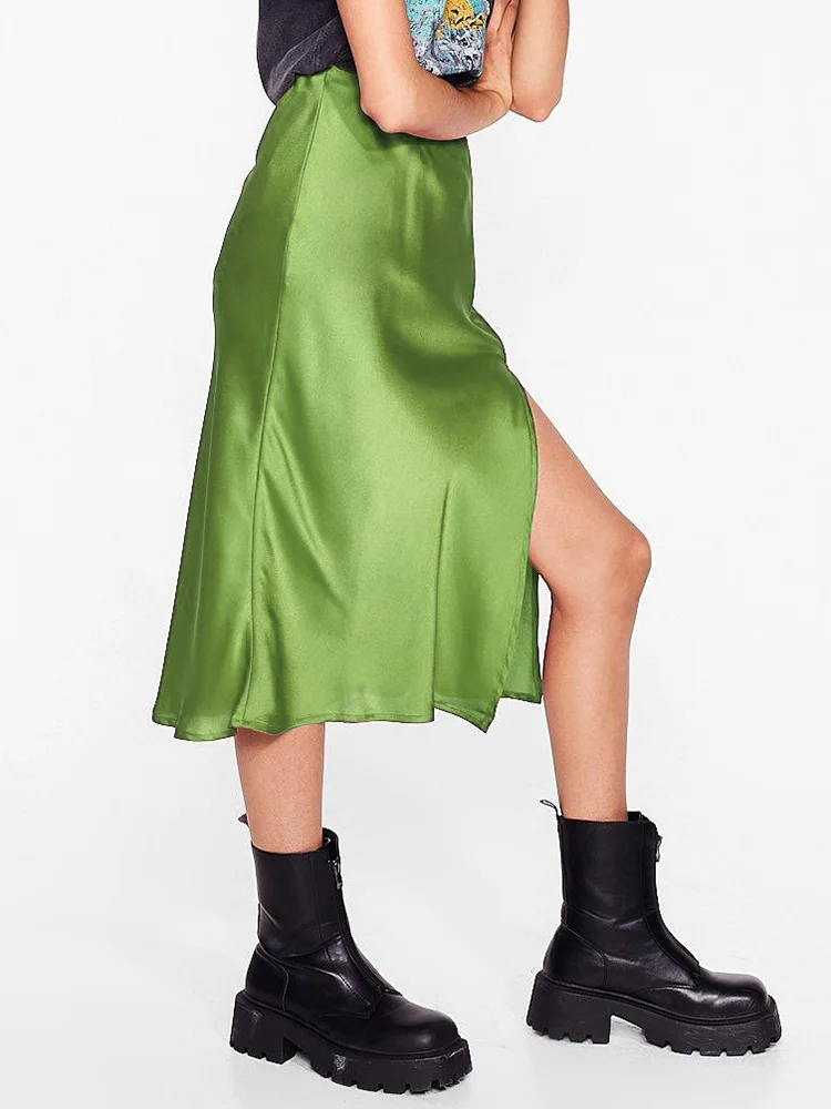 Women Green Midi Skirts A Line With Slit Office High Waist Women's Satin Skirts Elastic Waist Solid Silk Slit Skirts For Women