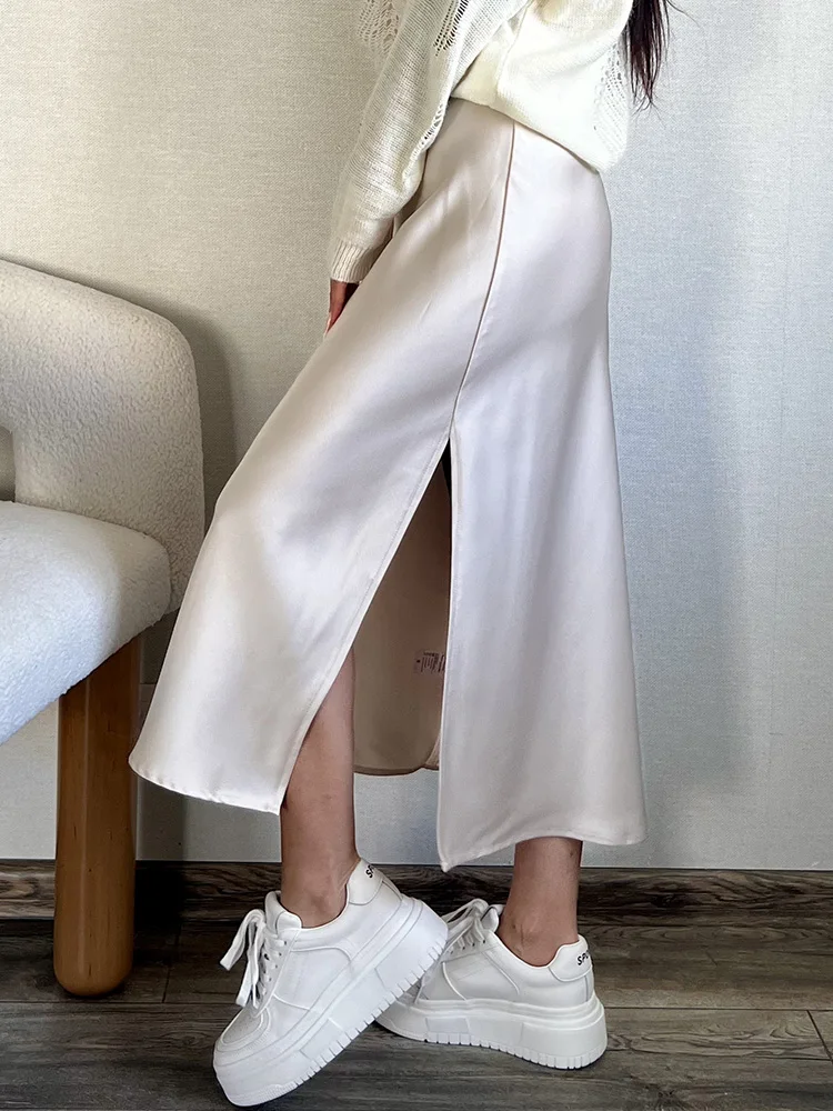 Women Green Midi Skirts A Line With Slit Office High Waist Women's Satin Skirts Elastic Waist Solid Silk Slit Skirts For Women