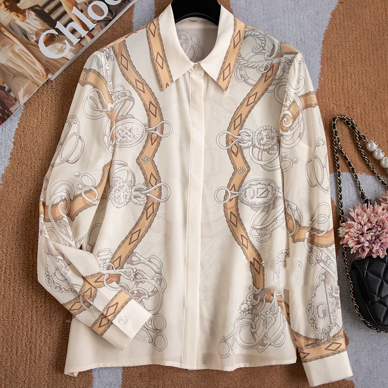 High Quality Polo Collar Positioning Chain Printed Silk Shirt Flip Collar Mulberry Silk Women's Shirt Blusa Luxo Blouses Tops