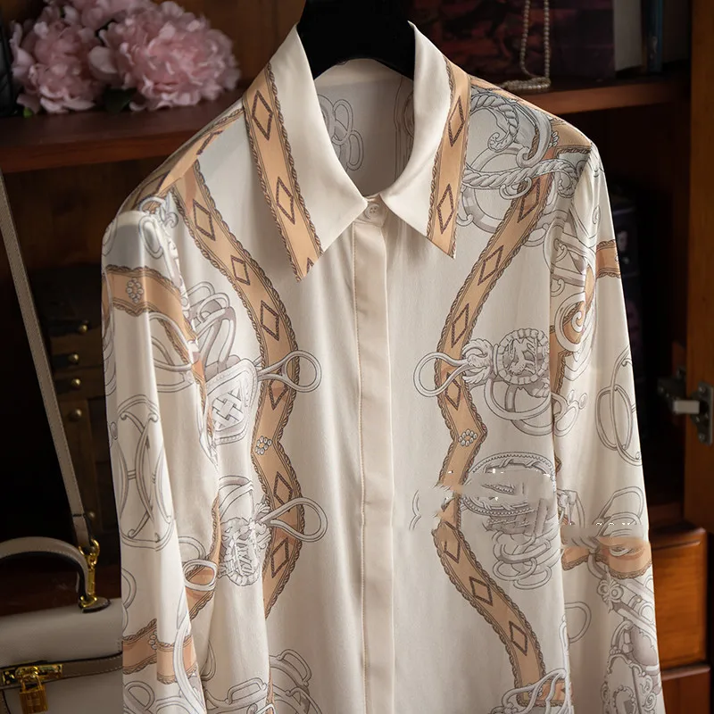 High Quality Polo Collar Positioning Chain Printed Silk Shirt Flip Collar Mulberry Silk Women's Shirt Blusa Luxo Blouses Tops