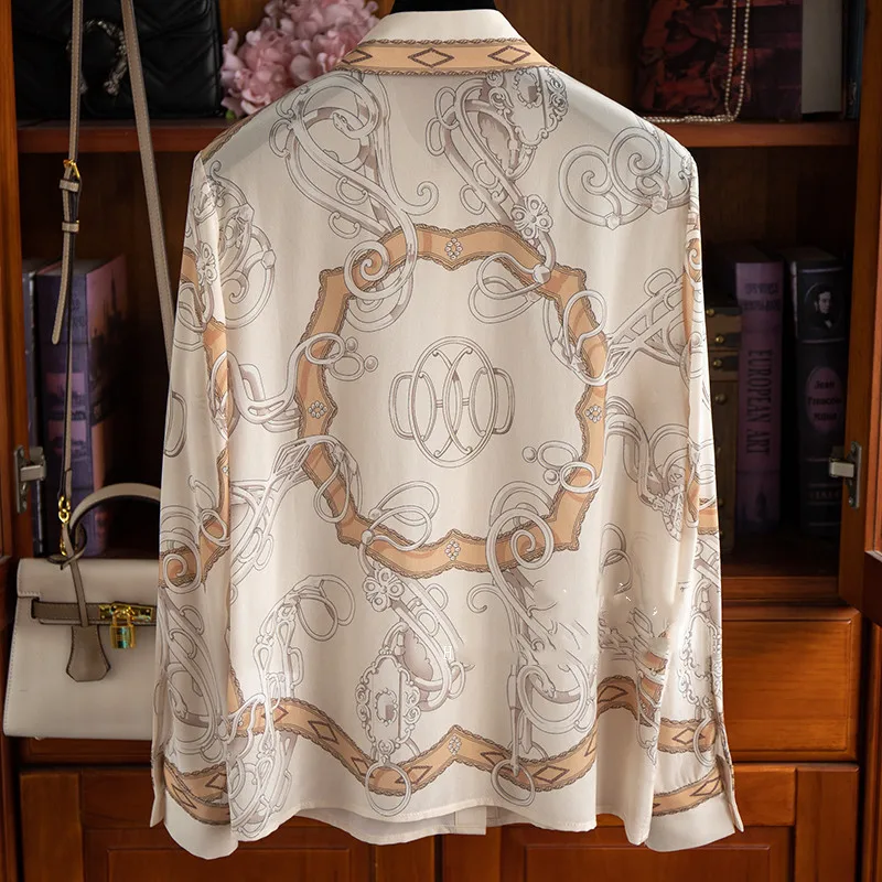 High Quality Polo Collar Positioning Chain Printed Silk Shirt Flip Collar Mulberry Silk Women's Shirt Blusa Luxo Blouses Tops