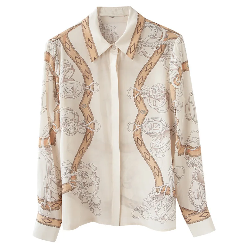 High Quality Polo Collar Positioning Chain Printed Silk Shirt Flip Collar Mulberry Silk Women's Shirt Blusa Luxo Blouses Tops