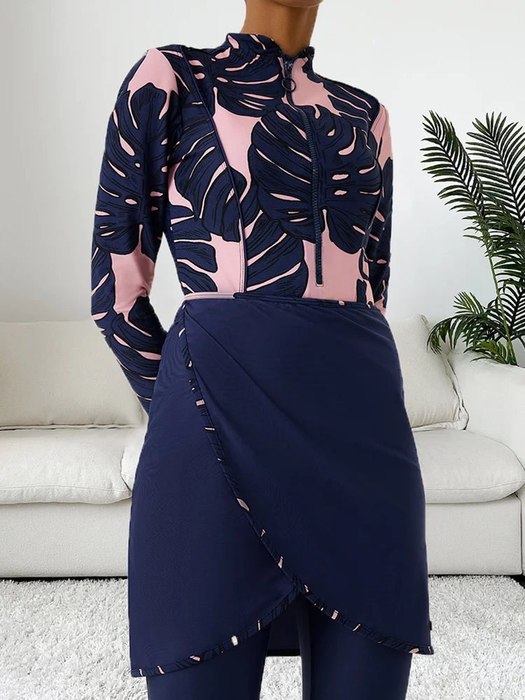 3PCS/Set Islamic Burkini Femmes Modest Swimwear Women Long Sleeve Muslim Swimsuit Hijab Pant Top Leopard