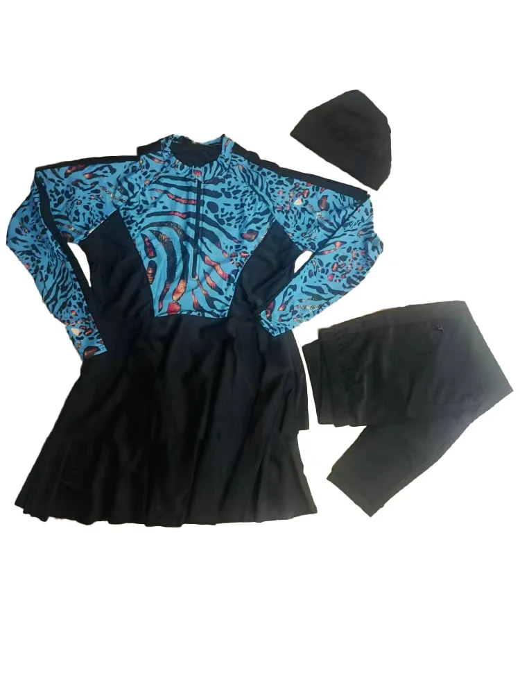 3PCS/Set Islamic Burkini Femmes Modest Swimwear Women Long Sleeve Muslim Swimsuit Hijab Pant Top Leopard