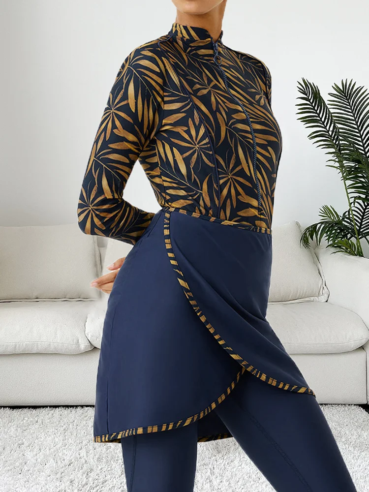 3PCS/Set Islamic Burkini Femmes Modest Swimwear Women Long Sleeve Muslim Swimsuit Hijab Pant Top Leopard