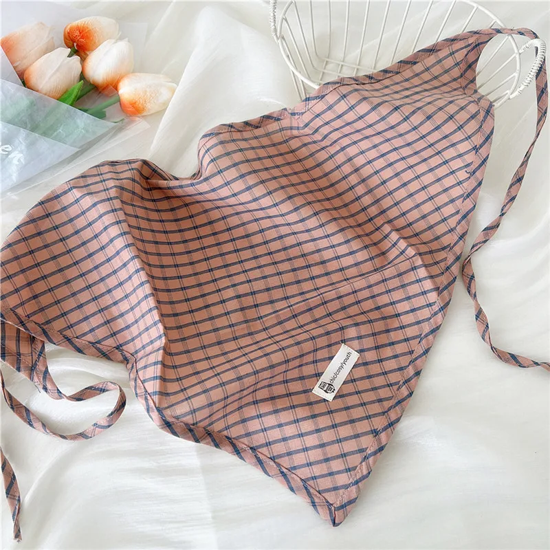 Cotton and Linen Triangle Scarves Scarf Plaid Bandanas Turban with Strap Rope Spring Summer Autumn Head Wrap Headscarf for Women