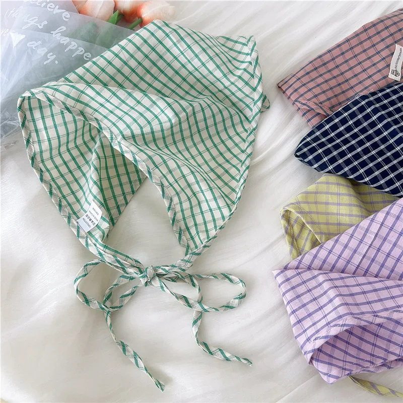 Cotton and Linen Triangle Scarves Scarf Plaid Bandanas Turban with Strap Rope Spring Summer Autumn Head Wrap Headscarf for Women