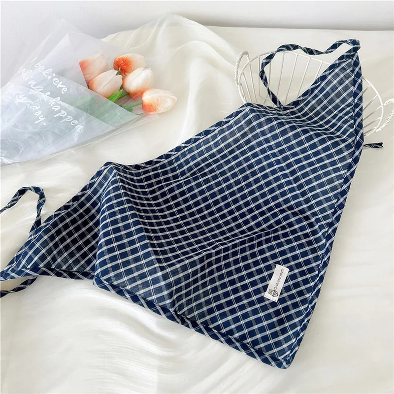 Cotton and Linen Triangle Scarves Scarf Plaid Bandanas Turban with Strap Rope Spring Summer Autumn Head Wrap Headscarf for Women