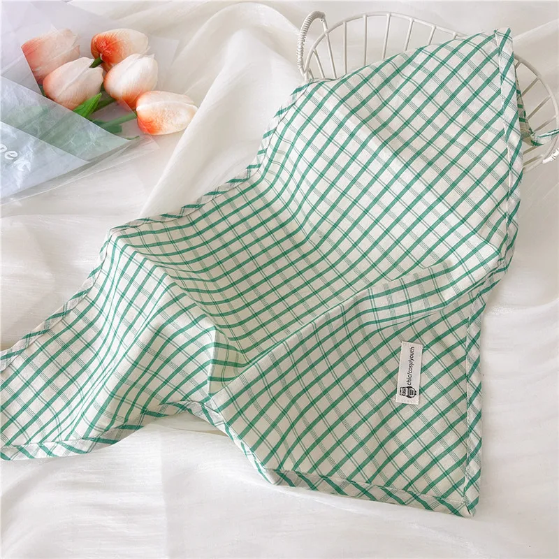Cotton and Linen Triangle Scarves Scarf Plaid Bandanas Turban with Strap Rope Spring Summer Autumn Head Wrap Headscarf for Women