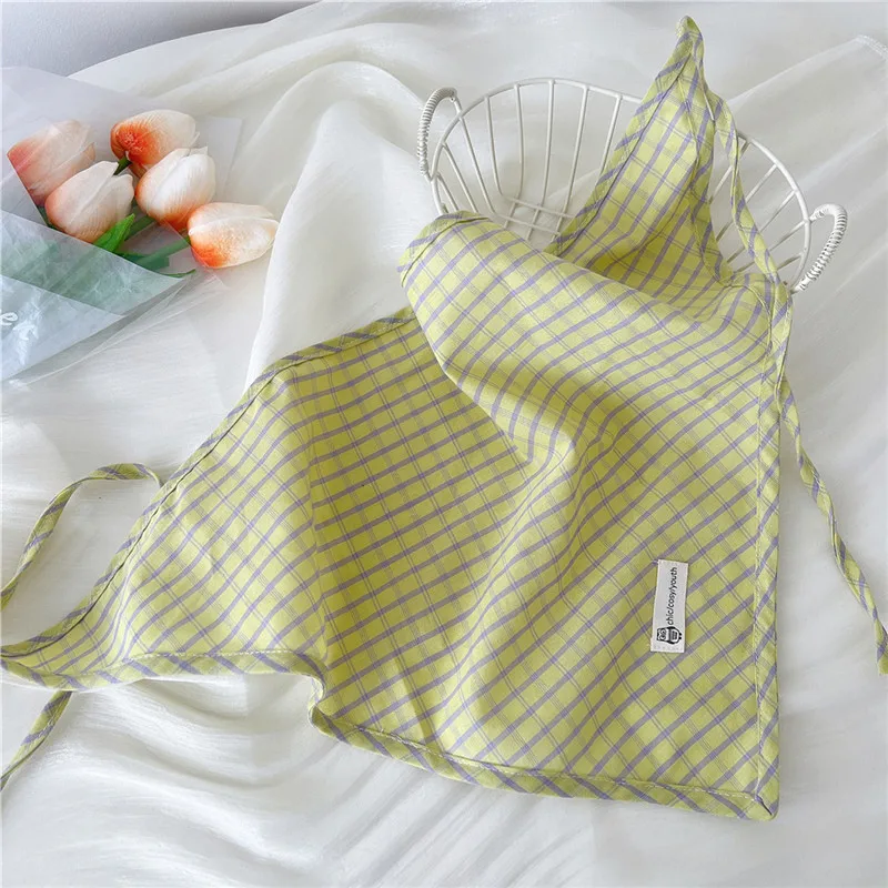 Cotton and Linen Triangle Scarves Scarf Plaid Bandanas Turban with Strap Rope Spring Summer Autumn Head Wrap Headscarf for Women