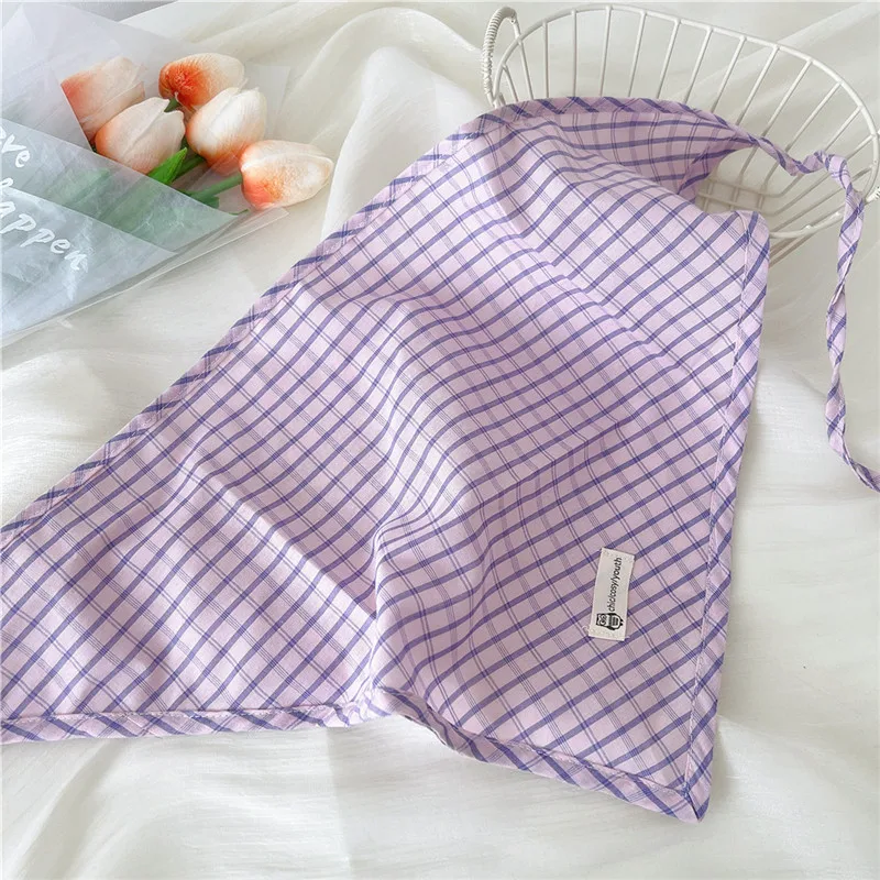 Cotton and Linen Triangle Scarves Scarf Plaid Bandanas Turban with Strap Rope Spring Summer Autumn Head Wrap Headscarf for Women