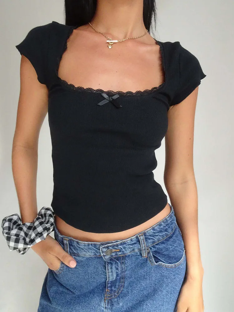 Women's Vintage Baby Tee Cottage Lace Trim Knitted T-Shirt, White Milkmaid Crop Top, Short Sleeve Tee Shirt, Summer, Y2K