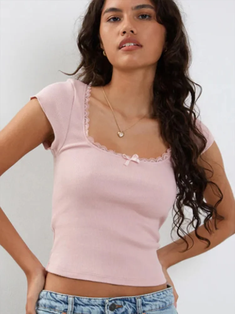 Women's Vintage Baby Tee Cottage Lace Trim Knitted T-Shirt, White Milkmaid Crop Top, Short Sleeve Tee Shirt, Summer, Y2K