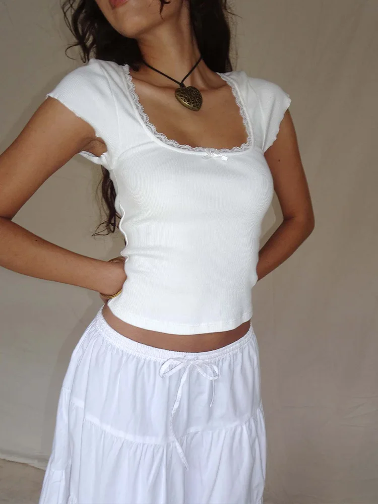 Women's Vintage Baby Tee Cottage Lace Trim Knitted T-Shirt, White Milkmaid Crop Top, Short Sleeve Tee Shirt, Summer, Y2K