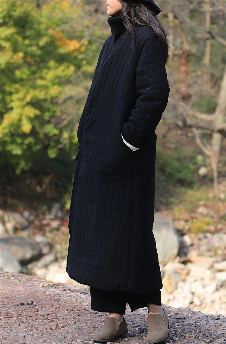 Winter Women Long Cotton Coat Vintage Parkas Loose Cardigan Robe Long Sleeve Lace-up Solid Warm Black Red Winter Clothes New