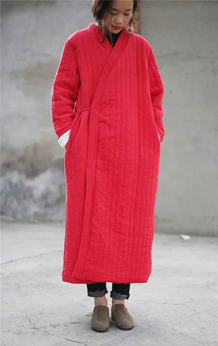 Winter Women Long Cotton Coat Vintage Parkas Loose Cardigan Robe Long Sleeve Lace-up Solid Warm Black Red Winter Clothes New