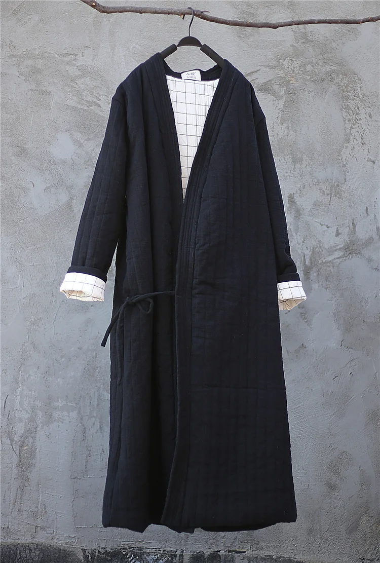 Winter Women Long Cotton Coat Vintage Parkas Loose Cardigan Robe Long Sleeve Lace-up Solid Warm Black Red Winter Clothes New