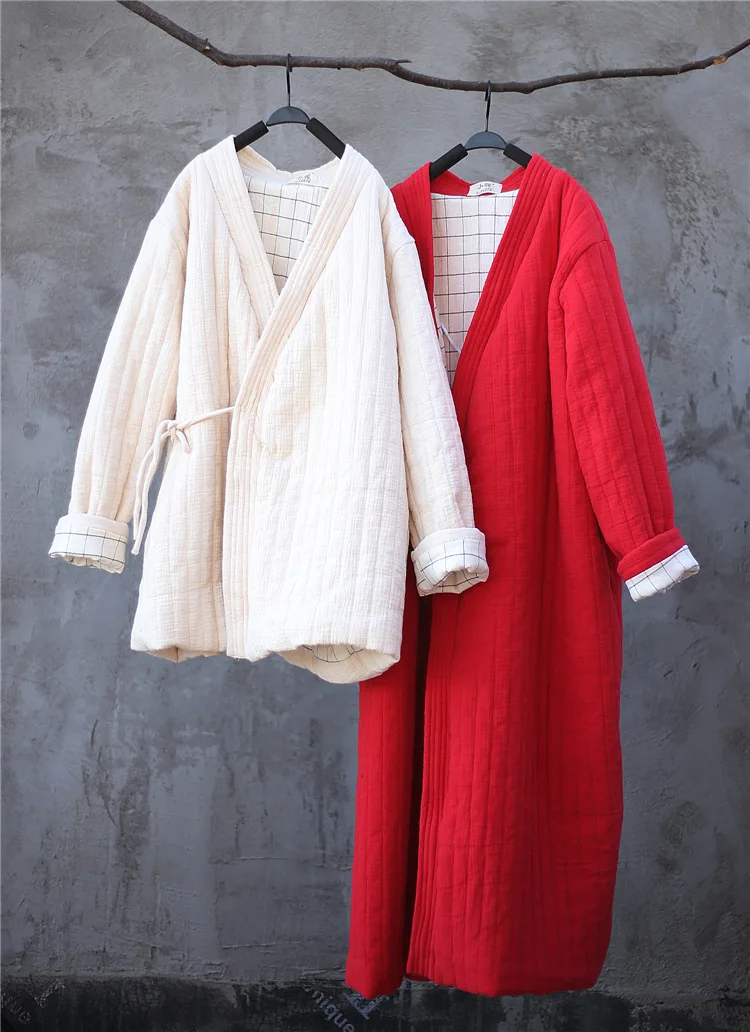 Winter Women Long Cotton Coat Vintage Parkas Loose Cardigan Robe Long Sleeve Lace-up Solid Warm Black Red Winter Clothes New