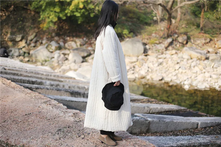 Winter Women Long Cotton Coat Vintage Parkas Loose Cardigan Robe Long Sleeve Lace-up Solid Warm Black Red Winter Clothes New