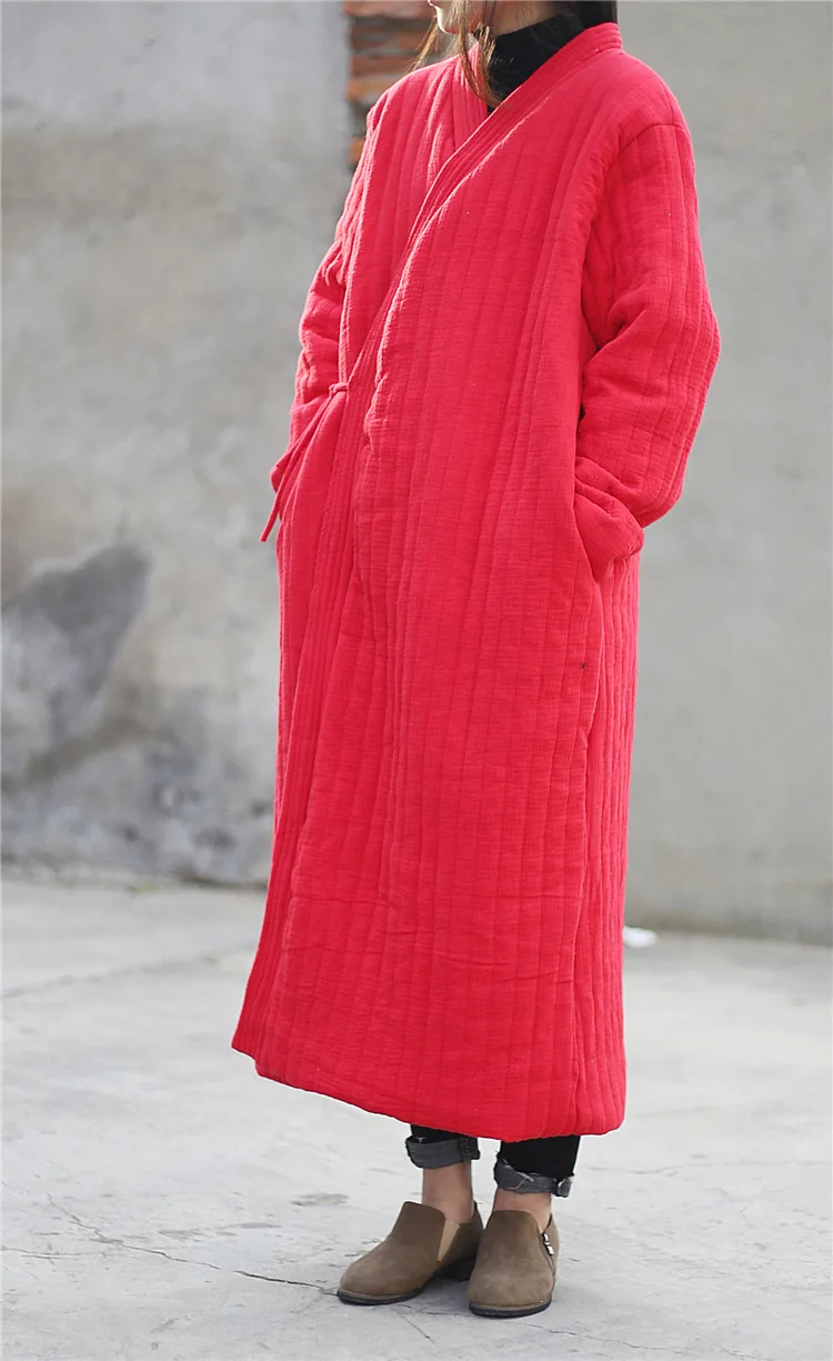 Winter Women Long Cotton Coat Vintage Parkas Loose Cardigan Robe Long Sleeve Lace-up Solid Warm Black Red Winter Clothes New