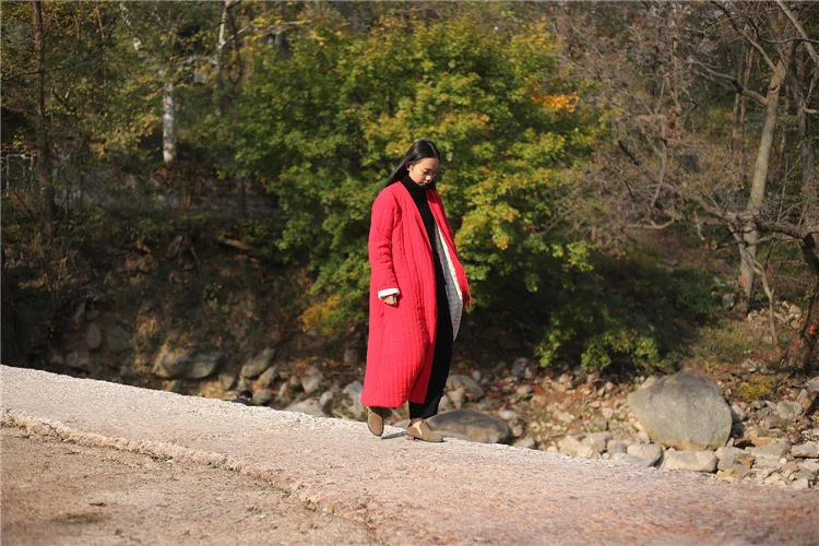 Winter Women Long Cotton Coat Vintage Parkas Loose Cardigan Robe Long Sleeve Lace-up Solid Warm Black Red Winter Clothes New