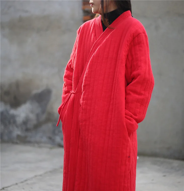 Winter Women Long Cotton Coat Vintage Parkas Loose Cardigan Robe Long Sleeve Lace-up Solid Warm Black Red Winter Clothes New
