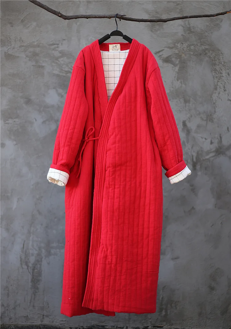 Winter Women Long Cotton Coat Vintage Parkas Loose Cardigan Robe Long Sleeve Lace-up Solid Warm Black Red Winter Clothes New