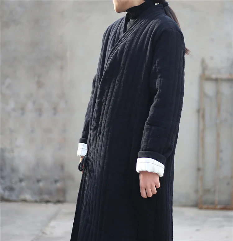 Winter Women Long Cotton Coat Vintage Parkas Loose Cardigan Robe Long Sleeve Lace-up Solid Warm Black Red Winter Clothes New