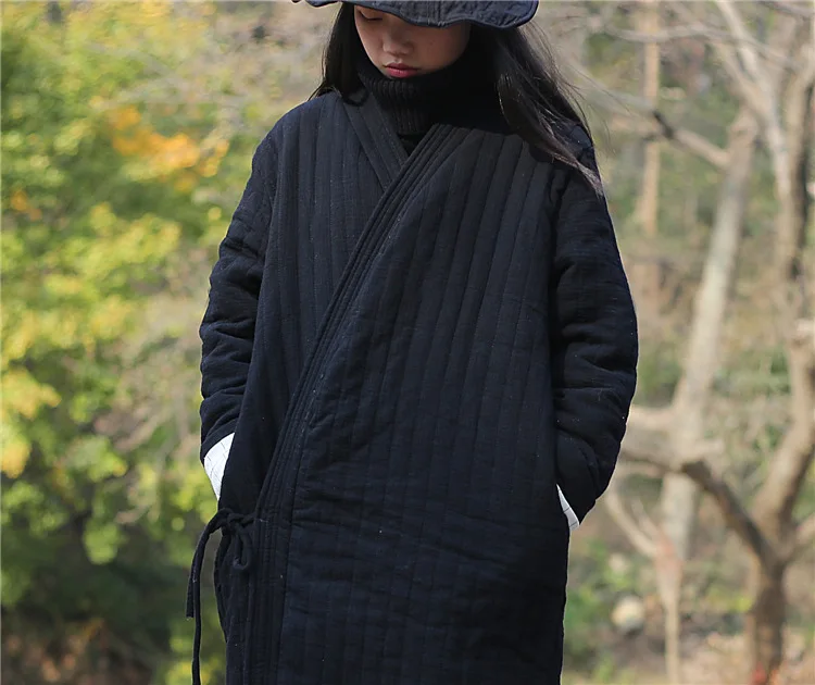 Winter Women Long Cotton Coat Vintage Parkas Loose Cardigan Robe Long Sleeve Lace-up Solid Warm Black Red Winter Clothes New