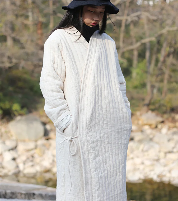 Winter Women Long Cotton Coat Vintage Parkas Loose Cardigan Robe Long Sleeve Lace-up Solid Warm Black Red Winter Clothes New