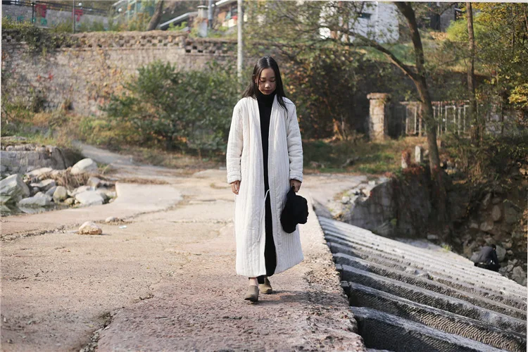 Winter Women Long Cotton Coat Vintage Parkas Loose Cardigan Robe Long Sleeve Lace-up Solid Warm Black Red Winter Clothes New