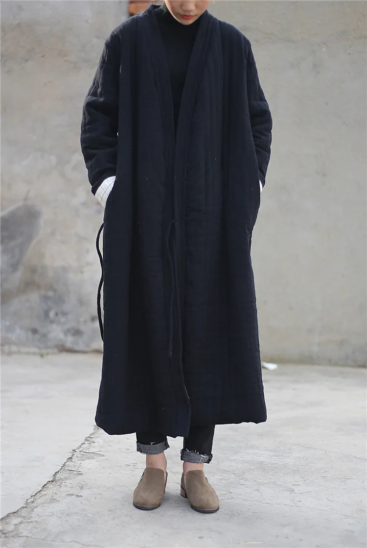 Winter Women Long Cotton Coat Vintage Parkas Loose Cardigan Robe Long Sleeve Lace-up Solid Warm Black Red Winter Clothes New