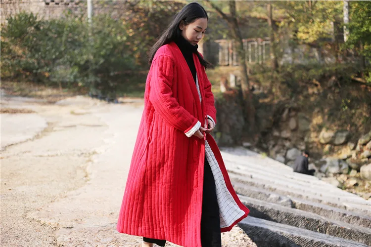 Winter Women Long Cotton Coat Vintage Parkas Loose Cardigan Robe Long Sleeve Lace-up Solid Warm Black Red Winter Clothes New