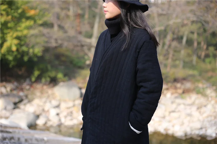 Winter Women Long Cotton Coat Vintage Parkas Loose Cardigan Robe Long Sleeve Lace-up Solid Warm Black Red Winter Clothes New