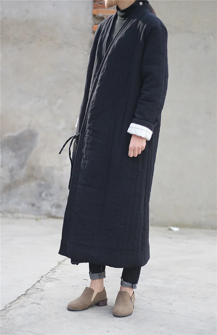 Winter Women Long Cotton Coat Vintage Parkas Loose Cardigan Robe Long Sleeve Lace-up Solid Warm Black Red Winter Clothes New