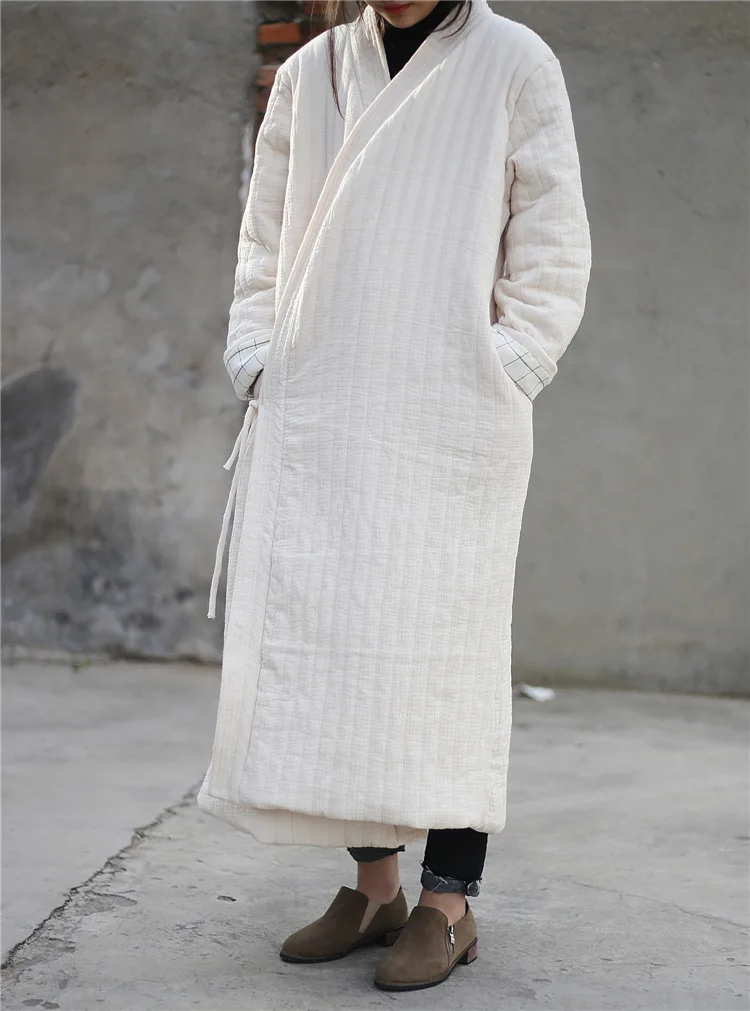 Winter Women Long Cotton Coat Vintage Parkas Loose Cardigan Robe Long Sleeve Lace-up Solid Warm Black Red Winter Clothes New