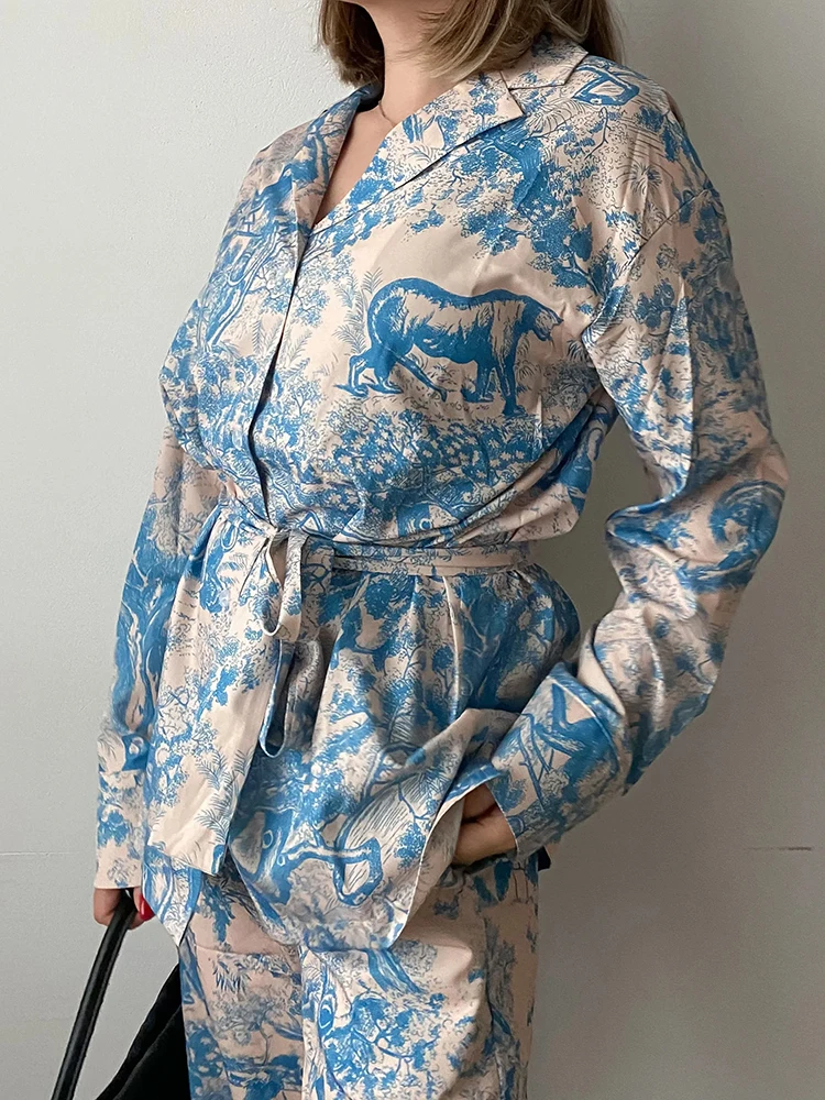 Printed Pants Sets For Women 2 Pieces Luxury Loose Suits Long Sleeve Shirts With Belt And Pant Two Piece Set Women Trouser Suits
