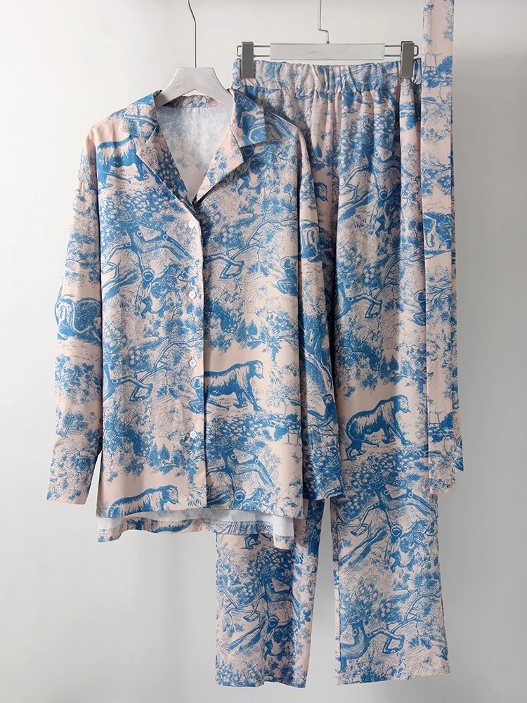 Printed Pants Sets For Women 2 Pieces Luxury Loose Suits Long Sleeve Shirts With Belt And Pant Two Piece Set Women Trouser Suits