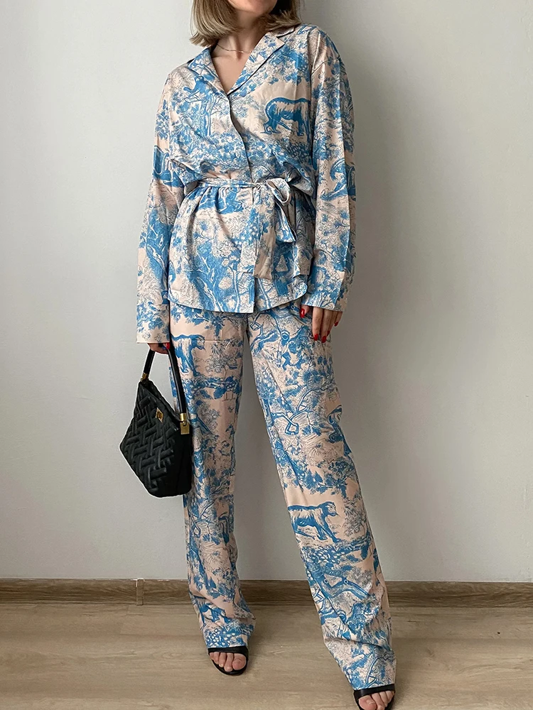 Printed Pants Sets For Women 2 Pieces Luxury Loose Suits Long Sleeve Shirts With Belt And Pant Two Piece Set Women Trouser Suits