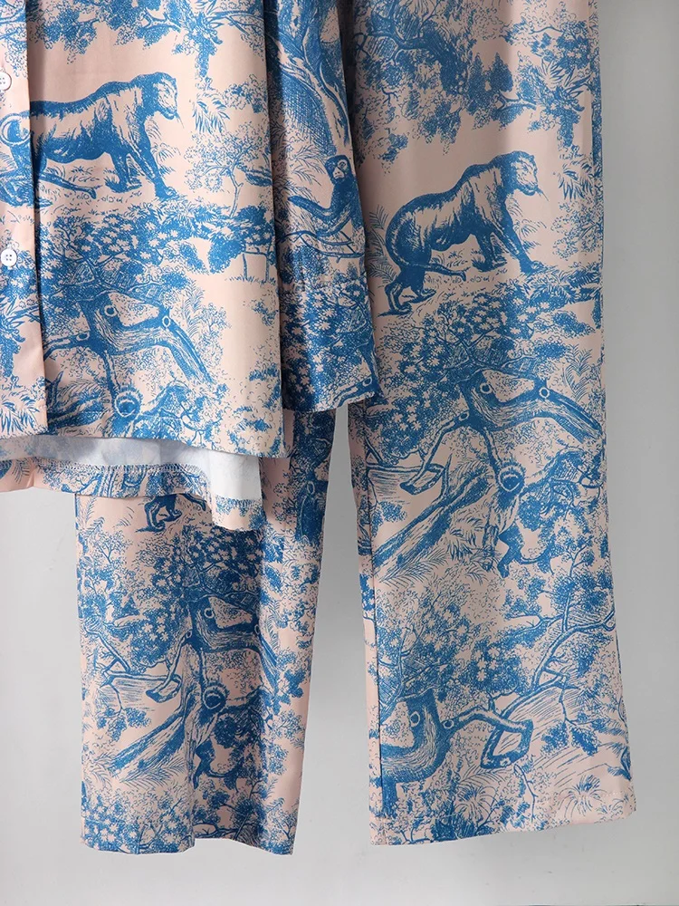 Printed Pants Sets For Women 2 Pieces Luxury Loose Suits Long Sleeve Shirts With Belt And Pant Two Piece Set Women Trouser Suits