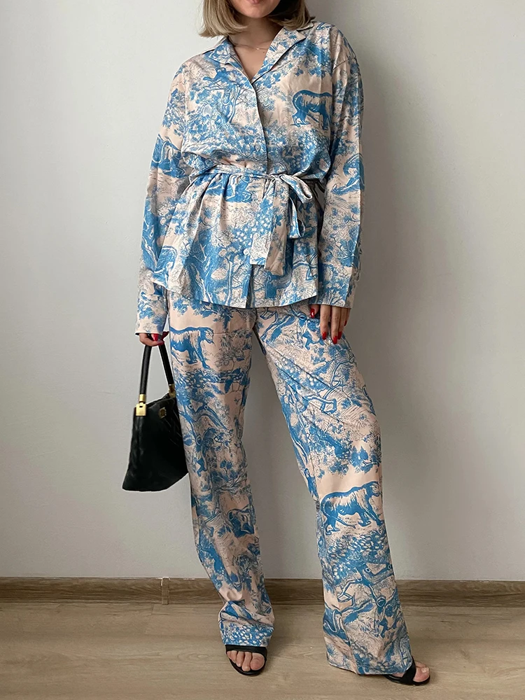 Printed Pants Sets For Women 2 Pieces Luxury Loose Suits Long Sleeve Shirts With Belt And Pant Two Piece Set Women Trouser Suits