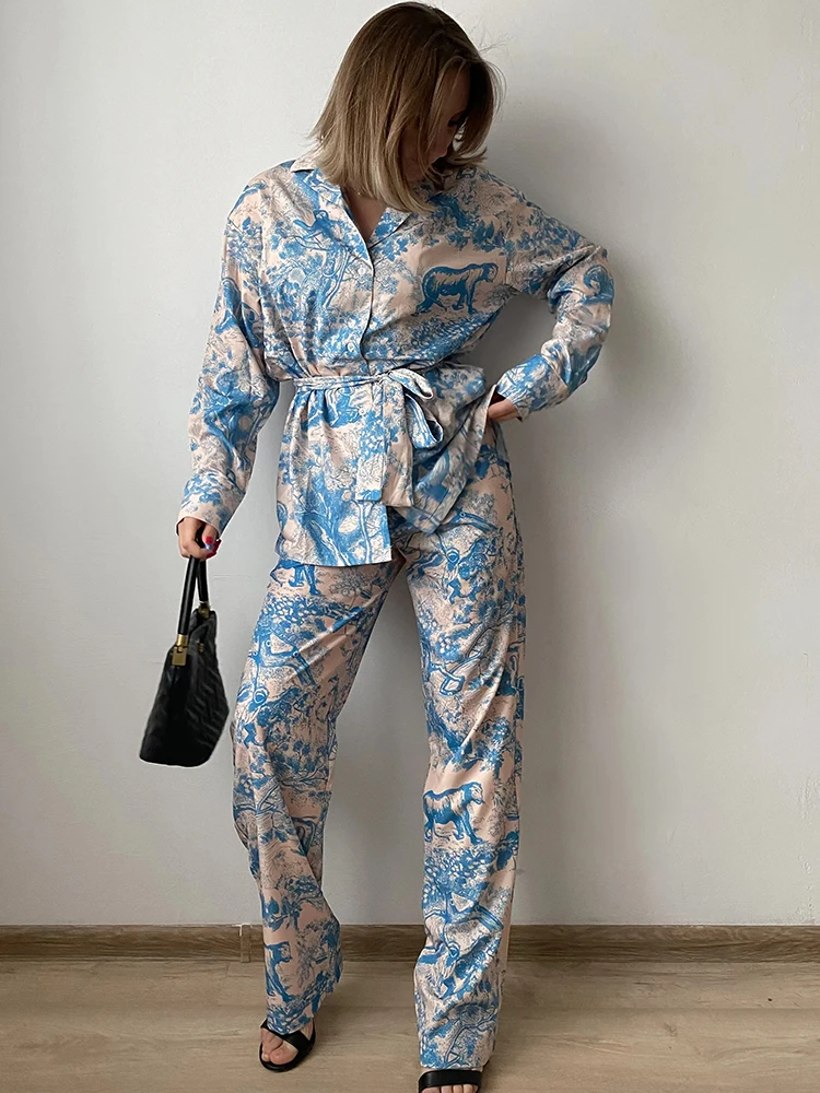 Printed Pants Sets For Women 2 Pieces Luxury Loose Suits Long Sleeve Shirts With Belt And Pant Two Piece Set Women Trouser Suits